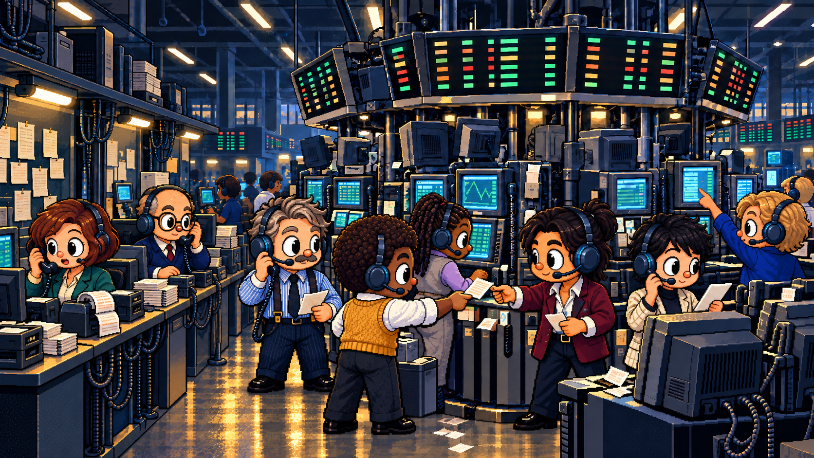 A bustling exchange floor with chunky CRT terminals, headsets, and Brokers working together