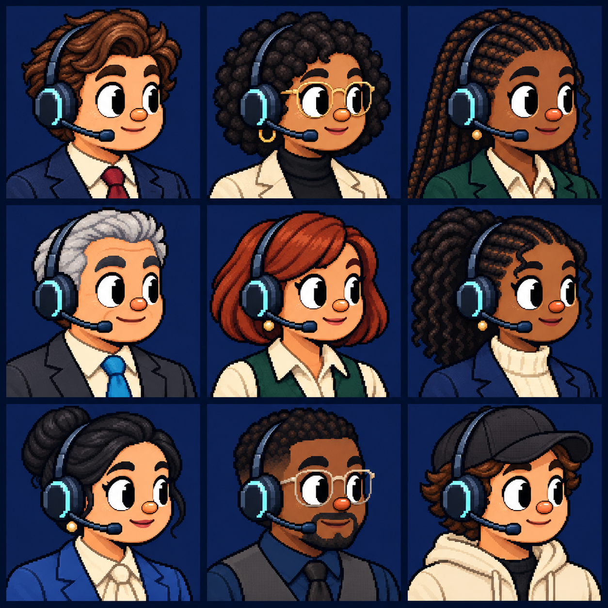 A 3 by 3 grid of varied pixel-art Broker portraits