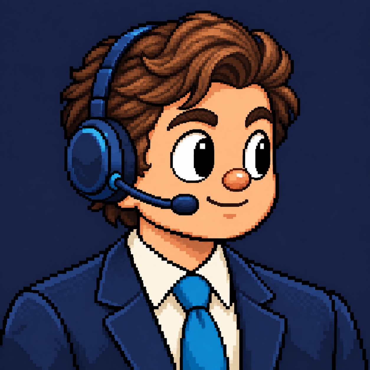 Three-quarter pixel-art Broker portrait with a headset and viewer-left microphone