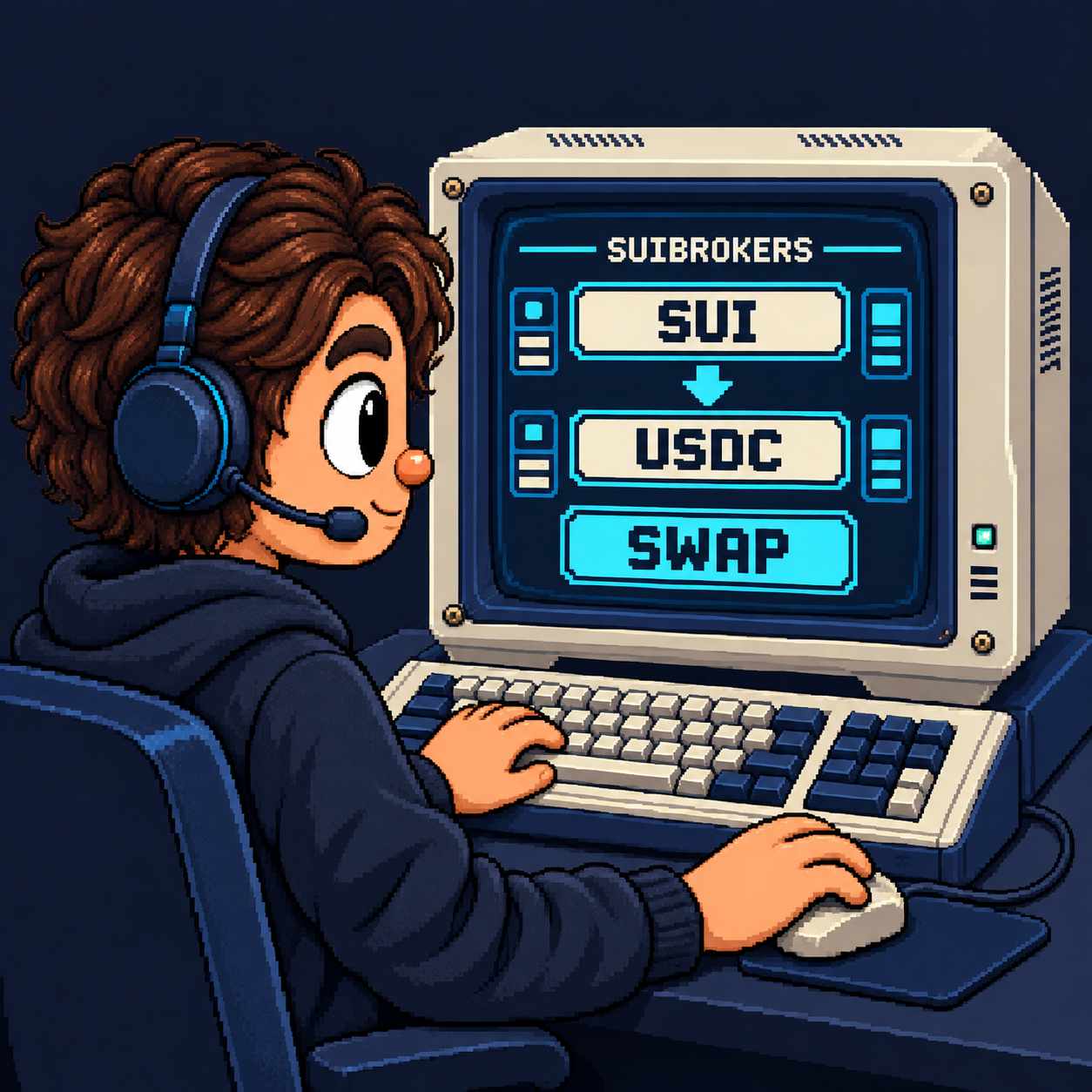 A seated pixel trader at a SUI BROKERS swap CRT