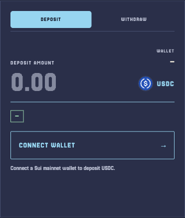 Disconnected Desk deposit entry with DEPOSIT selected and Connect Wallet available.