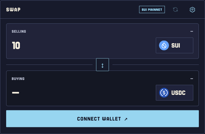 Disconnected Swap entry with 10 SUI entered and Connect Wallet available.