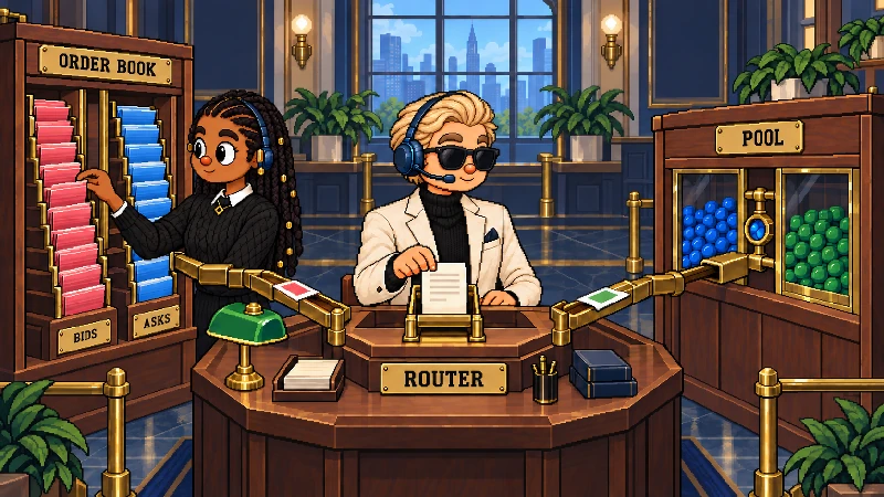 16-bit pixel-art dispatch floor where a blond router sends one order toward an order book and a shared liquidity pool.