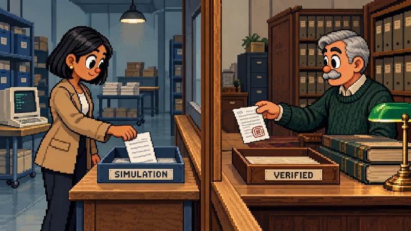 16-bit pixel-art audit lab separating a draft simulation order from a verified confirmed receipt.