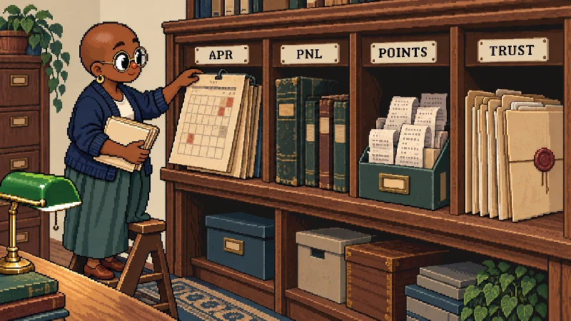 16-bit pixel-art archive where a woman sorts APR, PNL, Points, and Trust evidence into separate cubbies.