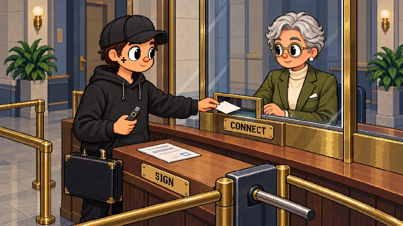16-bit pixel-art security desk showing a wallet user sharing a public address while keeping the signing key.