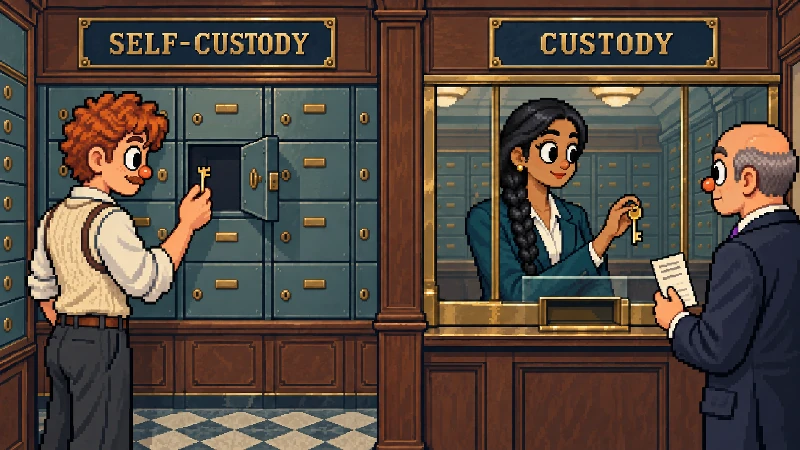 16-bit pixel-art bank corridor contrasting self-custody key control with provider custody behind glass.