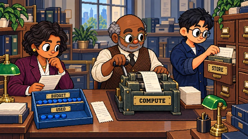 16-bit pixel-art office showing three workers comparing used execution costs with a capped transaction budget.