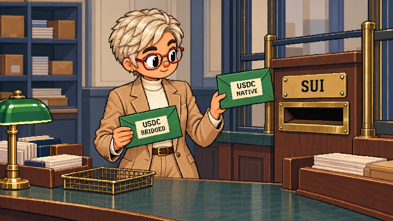 16-bit pixel-art asset desk where a woman compares native and bridged USDC before a Sui deposit.