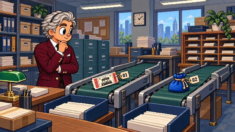 16-bit pixel-art mailroom scene with an older silver-haired man overseeing separate ticket and coin-pouch processing lanes.