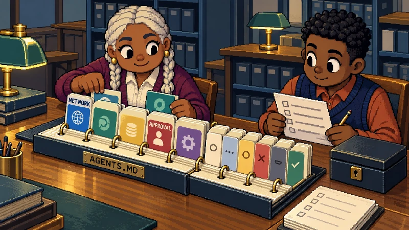 Editorial pixel-art cover: Two-person instruction-library desk.