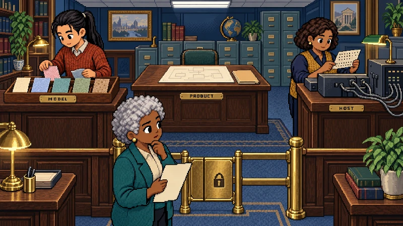 Three pixel-art office workers compare separate model sample cards, product papers, and a host tool schema while a human reviewer holds an unsigned action sheet at a brass approval gate.