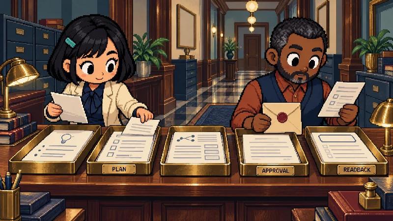 Editorial pixel-art cover: Two-person 1990s settlement corridor showing a paper handoff across five distinct evidence stages: a model suggestion and review brief, an app quote with route and fee fields, a wallet approval, and a confirmed ledger receipt.