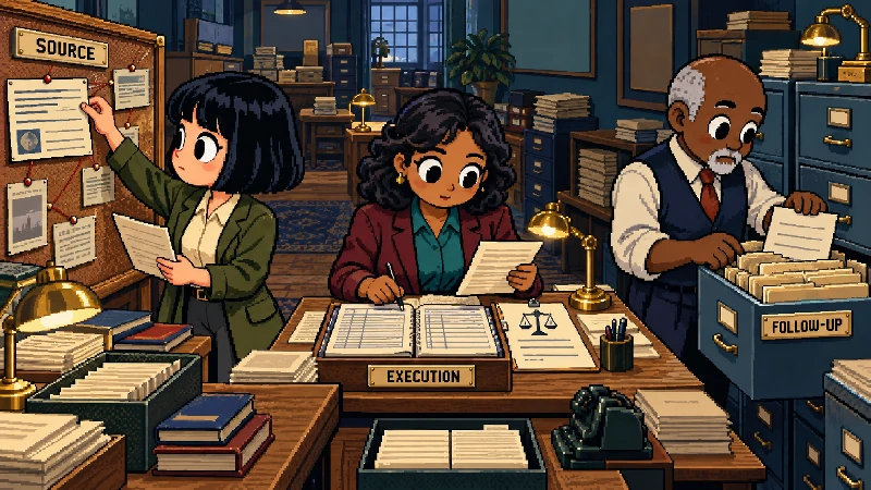 Editorial pixel-art cover: Three-person newsroom archive.