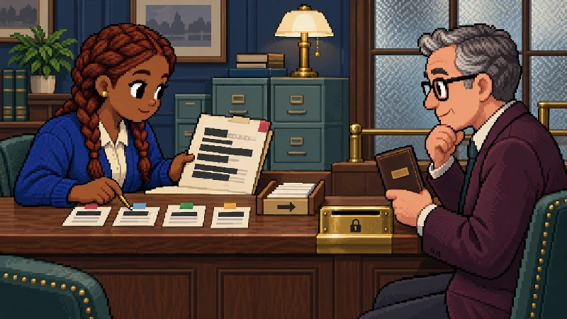 Two pixel-art office workers annotate a redacted transaction folder and compare it with a closed wallet prompt before a locked signing slot.