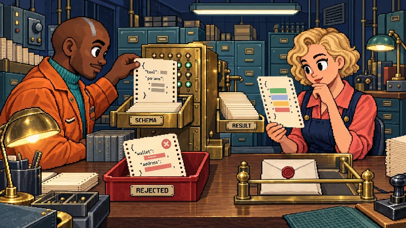 Two pixel-art builders trace a schema card through a brass tool cabinet while a malformed input is rejected before a closed wallet envelope.