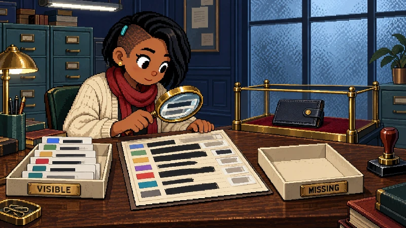 A pixel-art inspector sorts visible and missing transaction fields beside a sealed wallet booklet and unused confirmation stamp.
