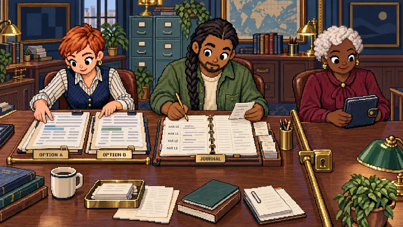 Three pixel-art workers compare quote folders, organize a dated trade journal, and keep a wallet prompt separate at a human authorization latch.