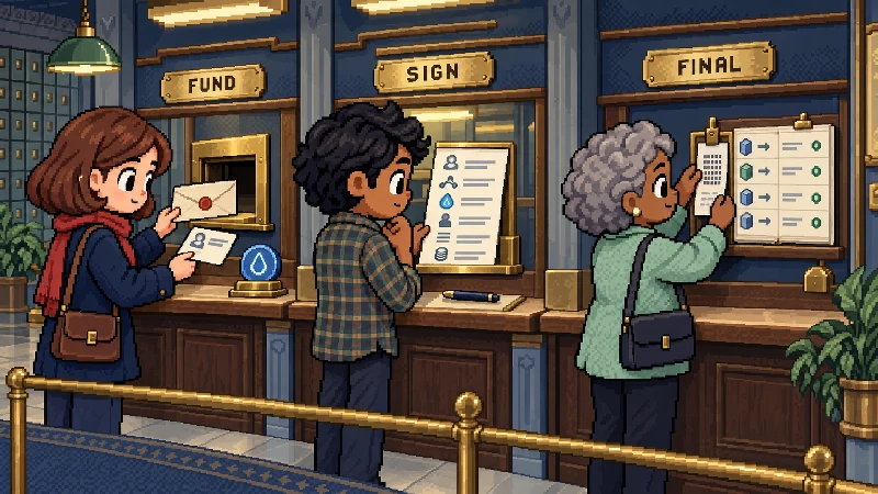 Editorial pixel-art cover: Three people across one long 1990s transaction checkpoint counter.