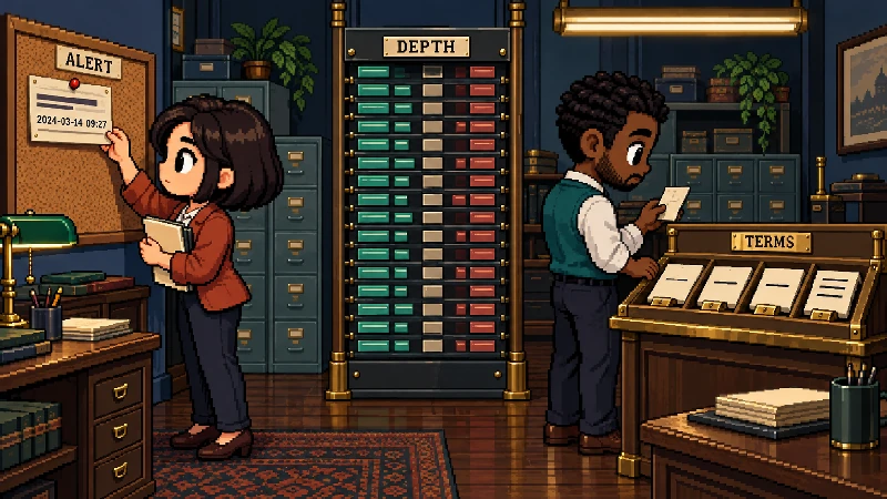 Editorial pixel-art cover: Two people actively investigate a timestamped alert against current liquidity in a 1990s research room.