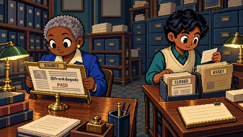 Editorial pixel-art cover: Two anonymous archive workers examine a newsletter's dated attributed record, a closed-position card, and a separate asset/source folder.