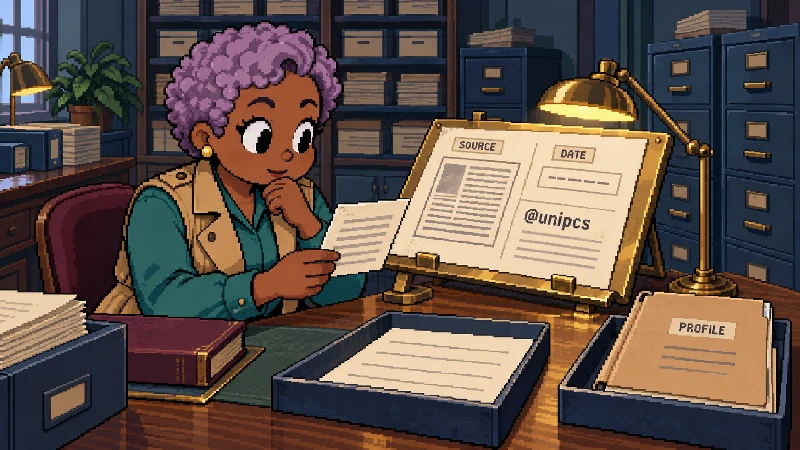 Editorial pixel-art cover: One anonymous reader in a 1990s newsletter archive inspects an attributed article card, its publication date, linked handle, and a separate profile folder.