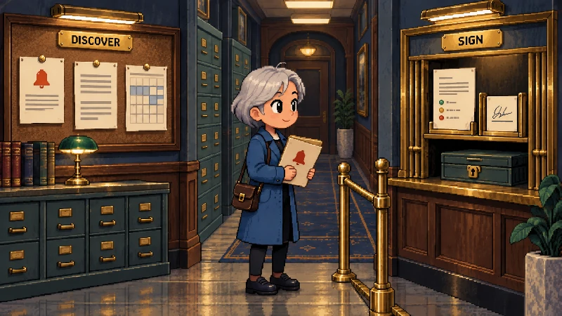 Editorial pixel-art cover: Exactly one archivist stands in a 1990s records hallway between two distinct service points.