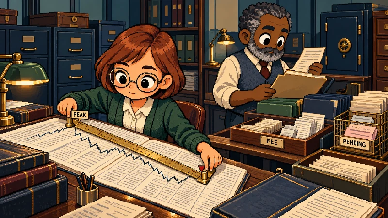 Editorial pixel-art cover: Two-person 1990s fund-records room.