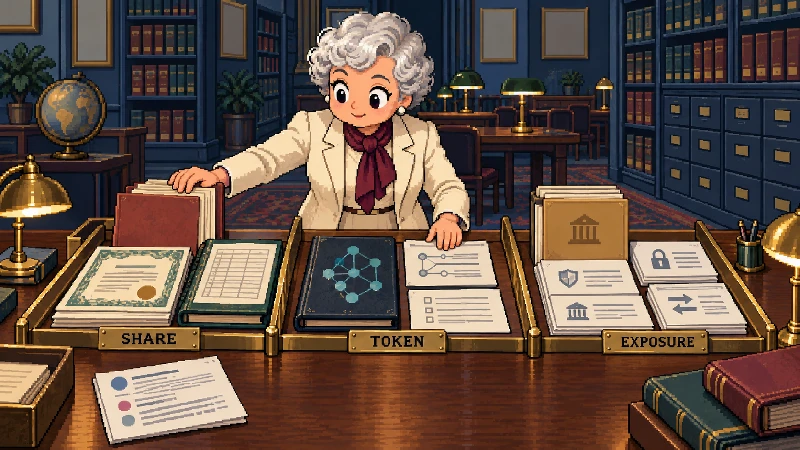 Editorial pixel-art cover: One-person 1990s market-library table with three separate physical stations: a listed-share certificate and broker record, a blockchain token contract folio, and a tokenized-exposure issuer claim folder.