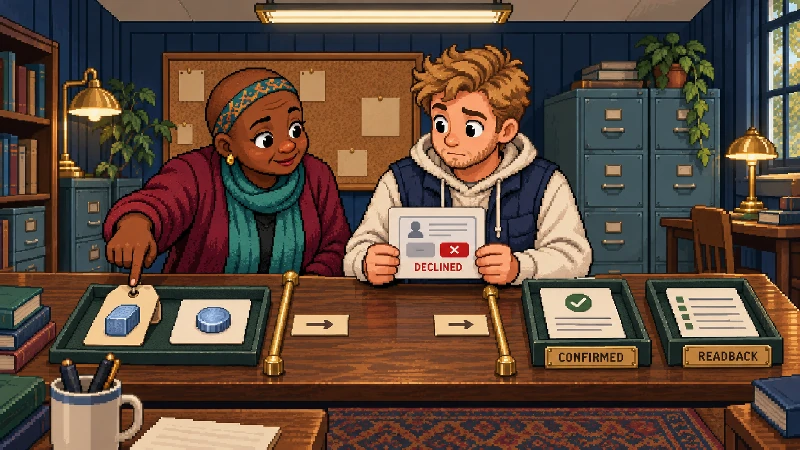 Two pixel-art workshop participants distinguish an object tag, gas token, declined wallet prompt, and separate confirmation card along a brass sequence rail.