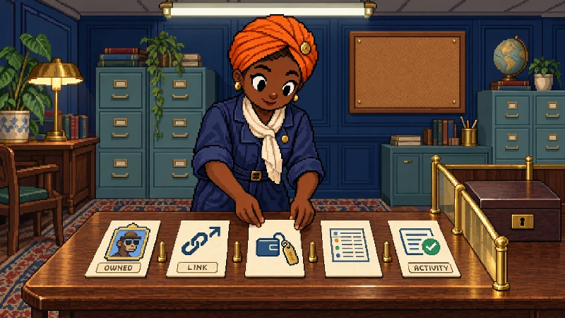 A pixel-art NFT steward separates ownership, opened link, wallet connection, attribution, and verified activity cards beside a closed reward drawer.