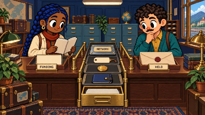 Two pixel-art support workers guide two regional wallet paths into a shared network, asset, gas, wallet-review, and confirmed-digest sequence.