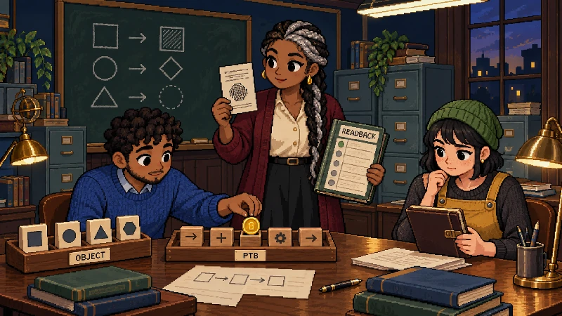 A pixel-art Sui classroom traces object tiles, composed command blocks, gas, a wallet prompt, and separate digest and service readback evidence.