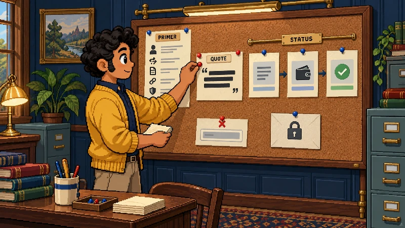 A pixel-art community moderator pins vocabulary and sequential quote, wallet prompt, and confirmed digest cards with an unavailable field marked.