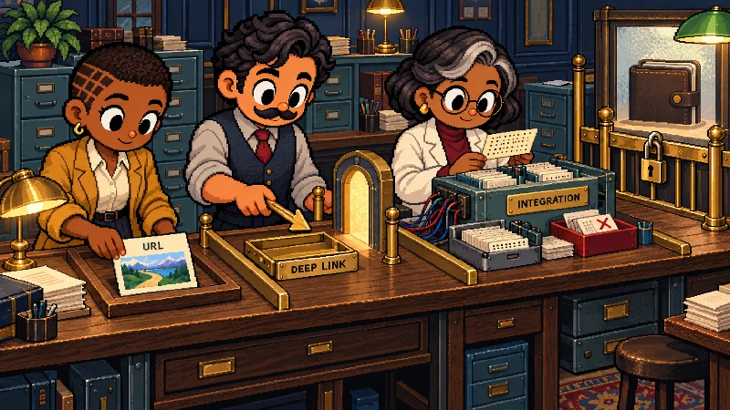 Three pixel-art builders compare a partner URL card, deep-link key, and wired integration cabinet while a wallet prompt remains behind a locked approval rail.