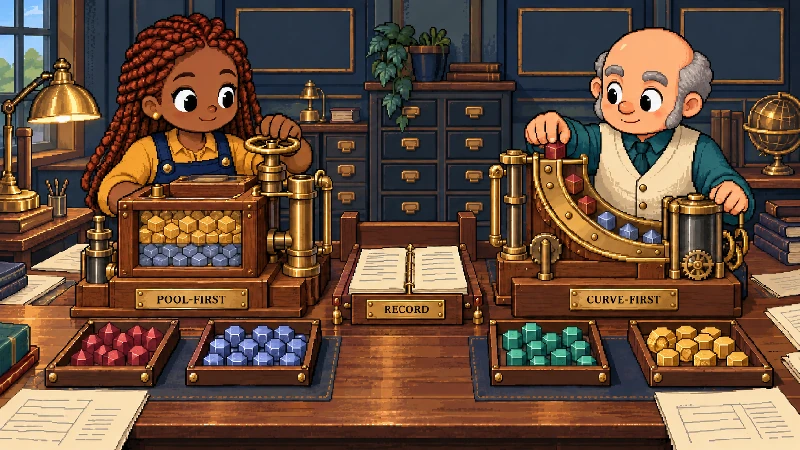 Editorial pixel-art cover: Two-person brass-and-wood PONS physical pool-vs-curve workbench.