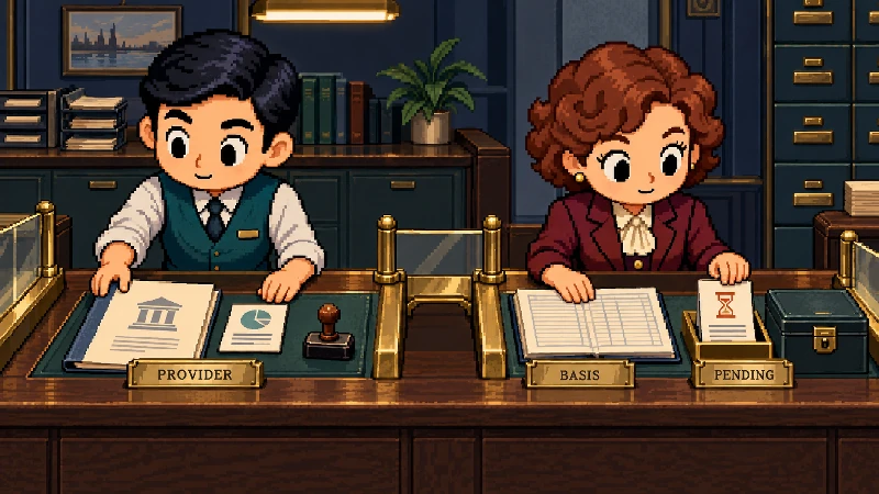 Editorial pixel-art cover: Two people actively work a 1990s vault-service counter with two different evidence lanes.