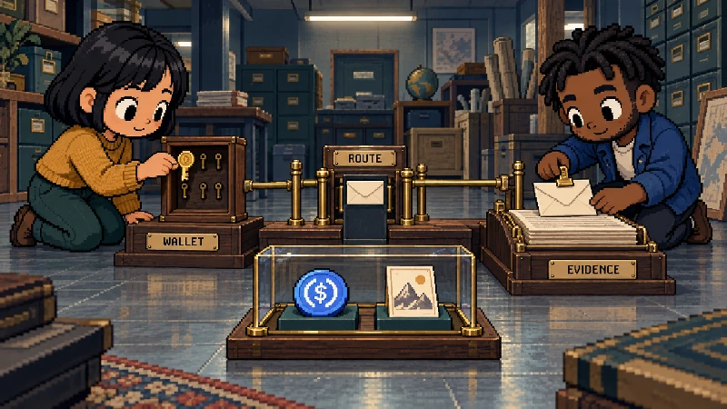Editorial pixel-art cover: Two people in a warm 1990s records room arrange one physical network map as separate linked stations: a key cabinet for wallet control, a brass route table, a glass asset drawer with one stablecoin tile and one NFT card, and a paper index ledger.