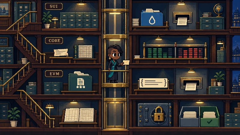 Editorial pixel-art cover: Exactly one cartographer in a cutaway multi-level 1990s exchange archive moves one neutral trade request card between four physically separated floors: a Sui application/PTB records room, a HyperCore order and position vault, a HyperEVM contract bay, and a vault-share accounting room.