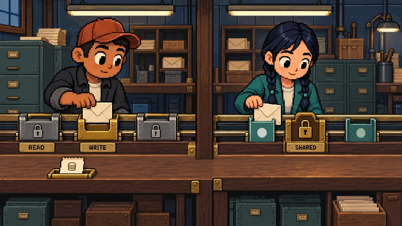 Editorial pixel-art cover: Two operators work side-on in a 1990s dispatch workshop.