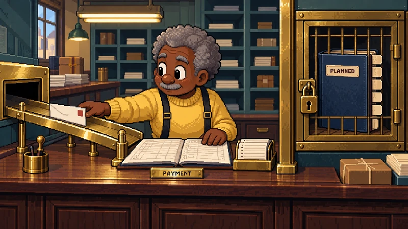 Editorial pixel-art cover: Exactly one older clerk works in a warm 1990s mail-and-payment dispatch area.