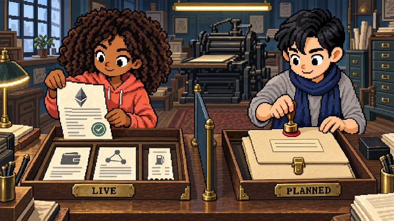 Editorial pixel-art cover: Two researchers in a period print-and-contract workshop inspect separate evidence trays.
